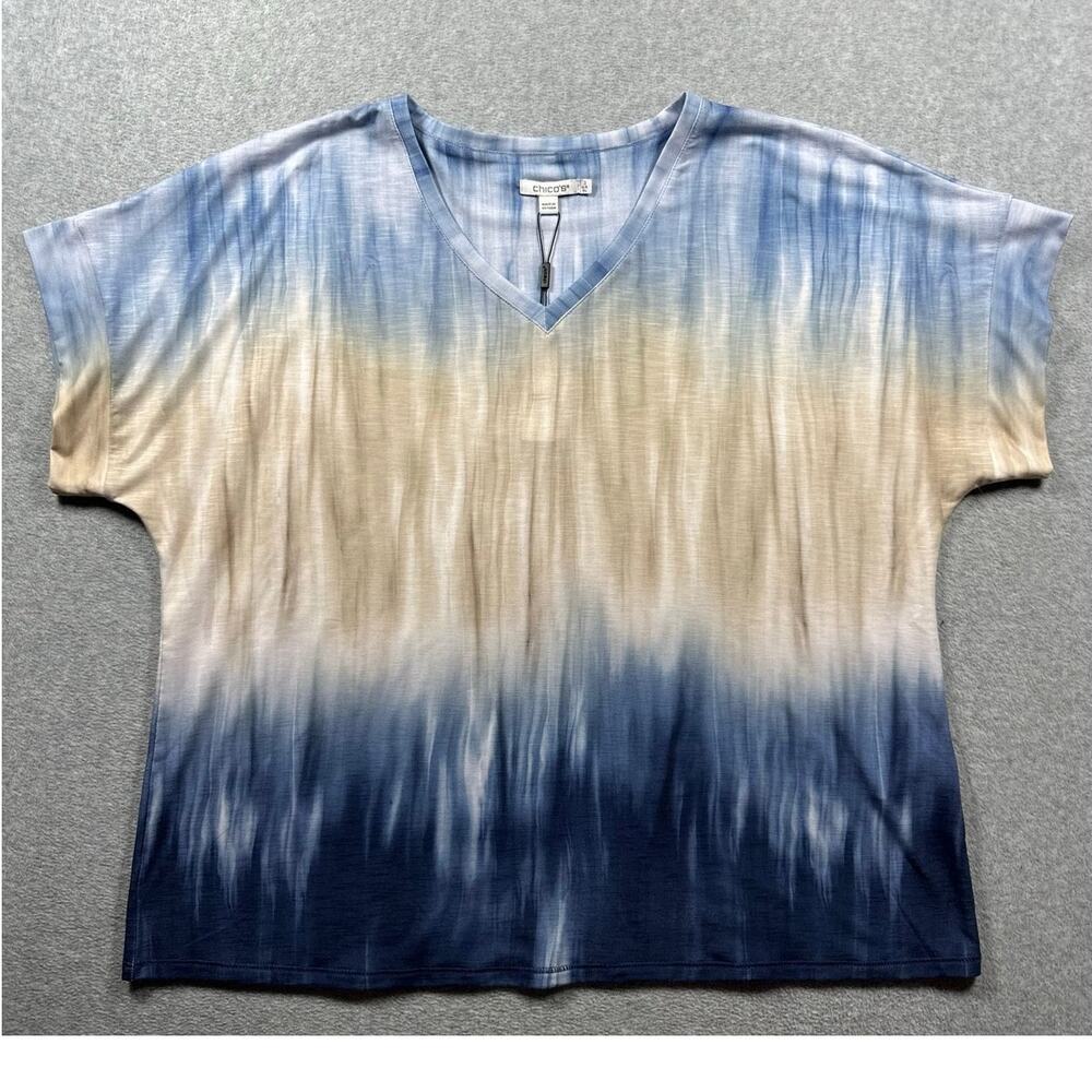 Chico's Blouse Top Women's Size 3/XL Blue Tan Ombre Tie Dye V-Neck Short Sleeve